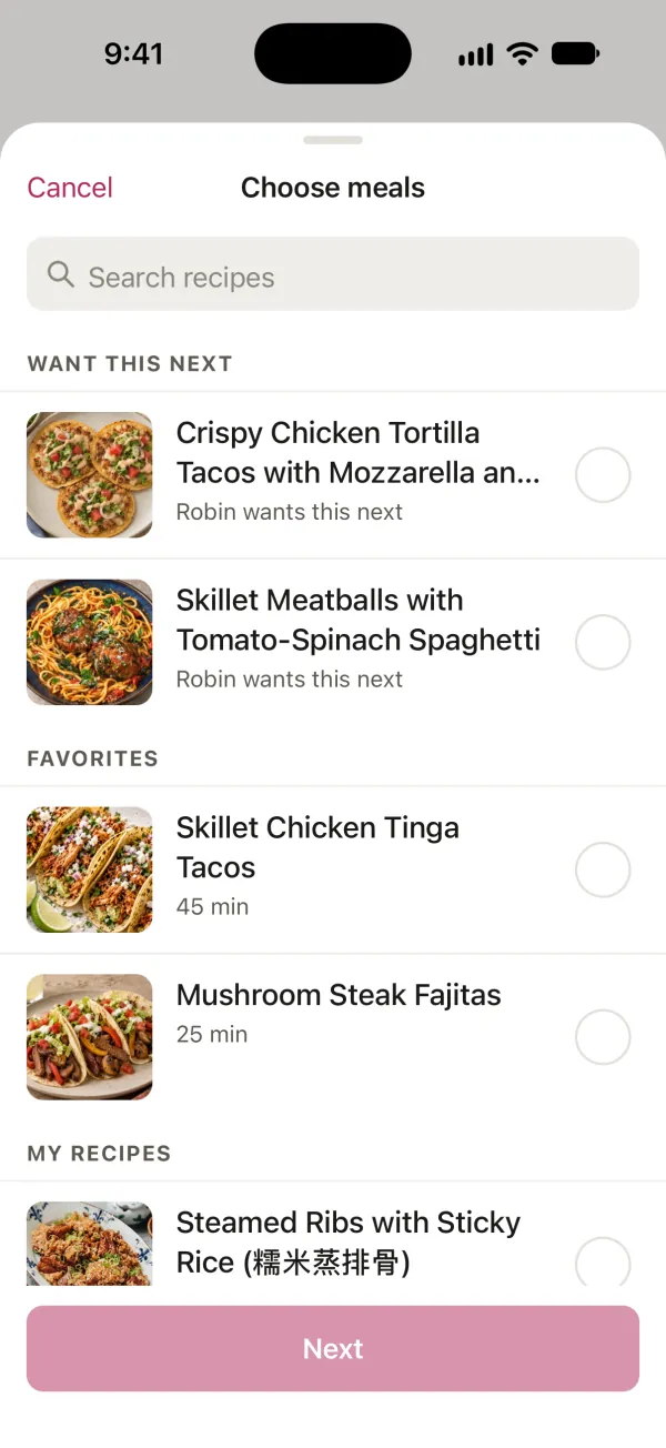Choosing meals in Good Fork: two recipes Robin wants next sit at the top, above the household’s Favorites.