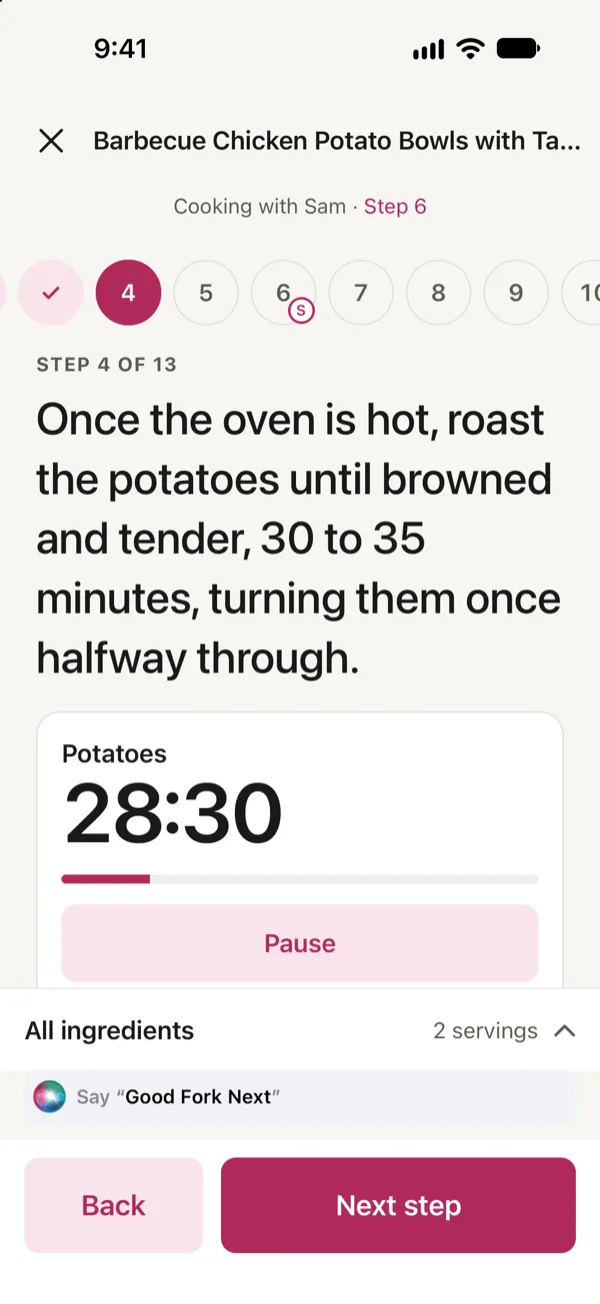 Cooking Barbecue Chicken Potato Bowls in Good Fork with Sam: you’re on step 4 with the potatoes timer running, and Sam is on step 6.