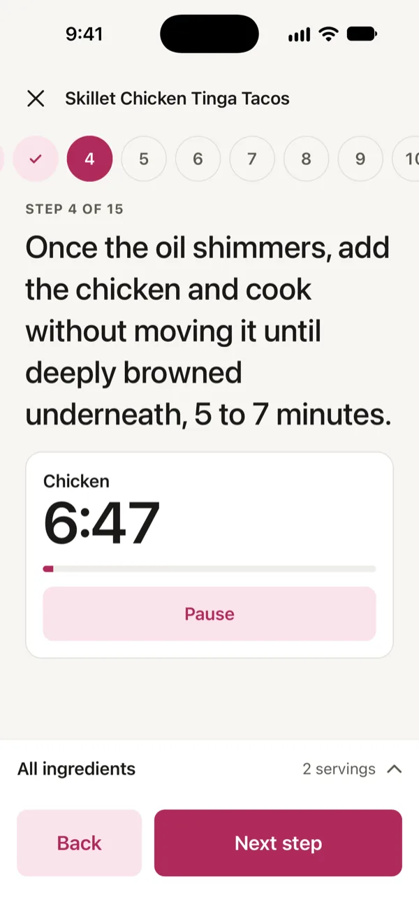 Cooking Skillet Chicken Tinga Tacos in Good Fork: step 4 of 15 with the chicken timer running.