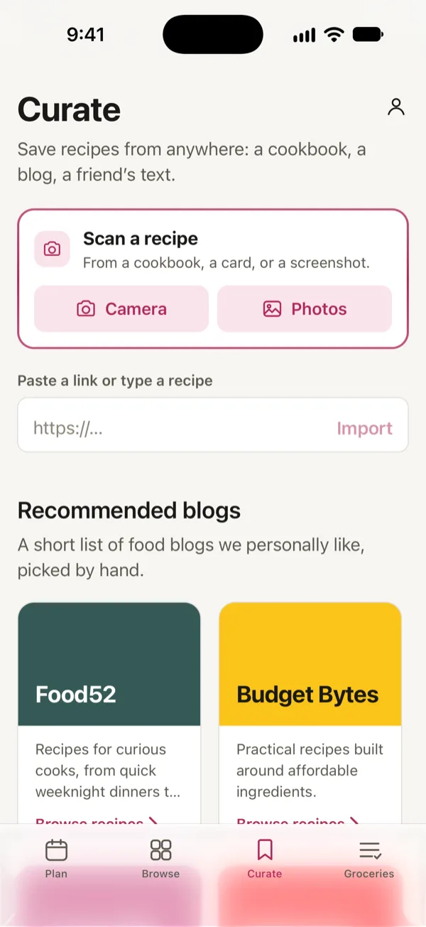 Good Fork’s Curate screen: scan a recipe with the camera or from photos, or paste a link.