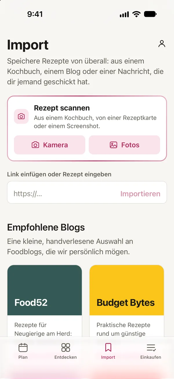 Der Bildschirm Import in Good Fork: ein Rezept mit der Kamera oder aus deinen Fotos scannen, einen Link einfügen oder es selbst eingeben.