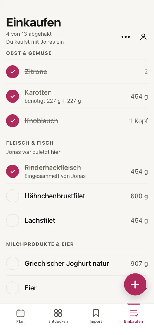 Die Einkaufsliste in Good Fork, Einkauf mit Jonas: Unter Fleisch & Fisch steht „Jonas war zuletzt hier“.