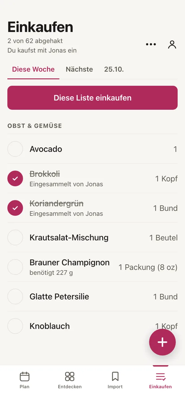 Die Einkaufsliste in Good Fork, Einkauf mit Jonas: Brokkoli und Koriander sind abgehakt, beide „Eingesammelt von Jonas“.