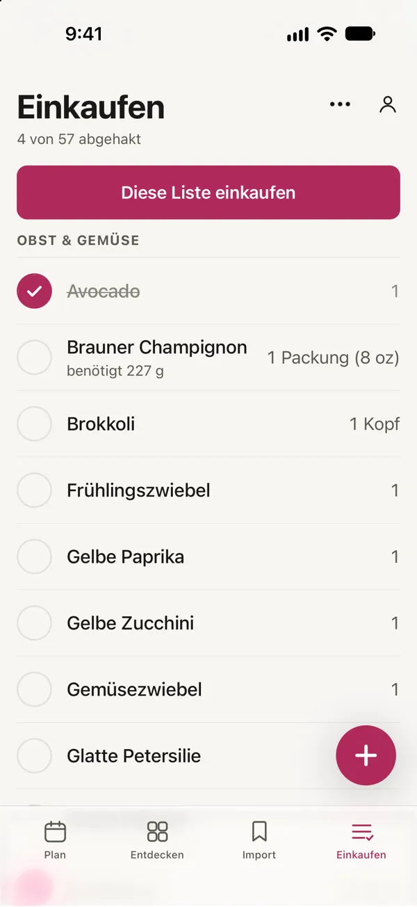 Die Einkaufsliste in Good Fork, nach Abteilungen sortiert, mit 4 von 57 abgehakten Artikeln.