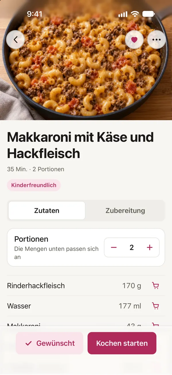 Makkaroni mit Käse und Hackfleisch in Good Fork, auf einem Handy mit der Rolle Kid: Das Herz ist ausgefüllt, und „Gewünscht“ steht neben „Kochen starten“.