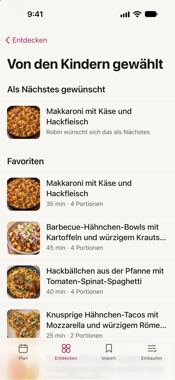 Von den Kindern gewählt, in Good Fork: Robin wünscht sich als Nächstes Makkaroni mit Käse und Hackfleisch, darunter vier Favoriten.
