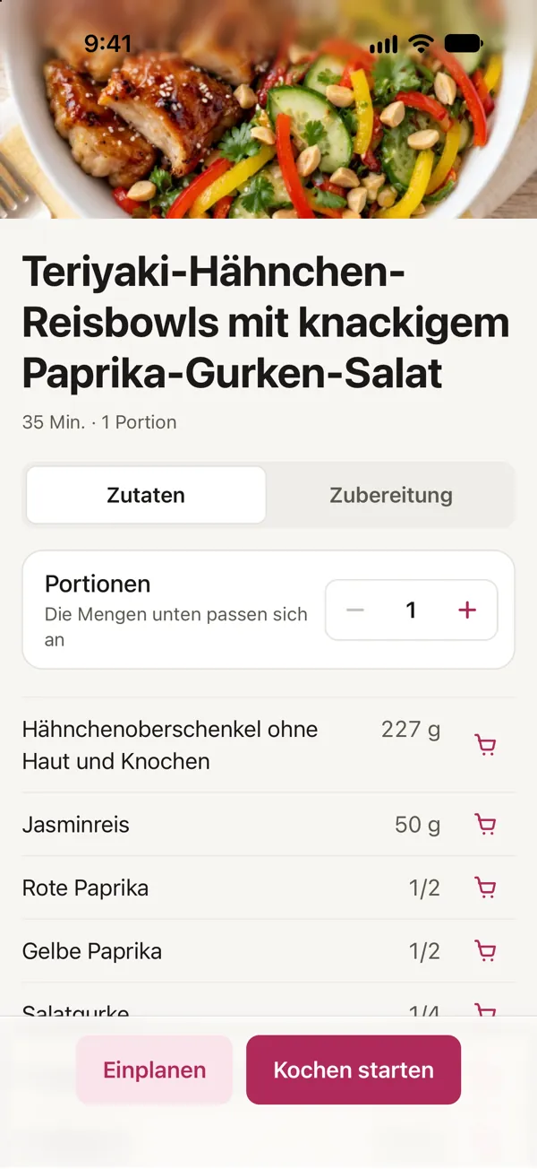 Teriyaki-Hähnchen-Reisbowls mit knackigem Paprika-Gurken-Salat für 1 Portion in Good Fork, alle Mengen umgerechnet: 227 g Hähnchenoberschenkel und 50 g Jasminreis.