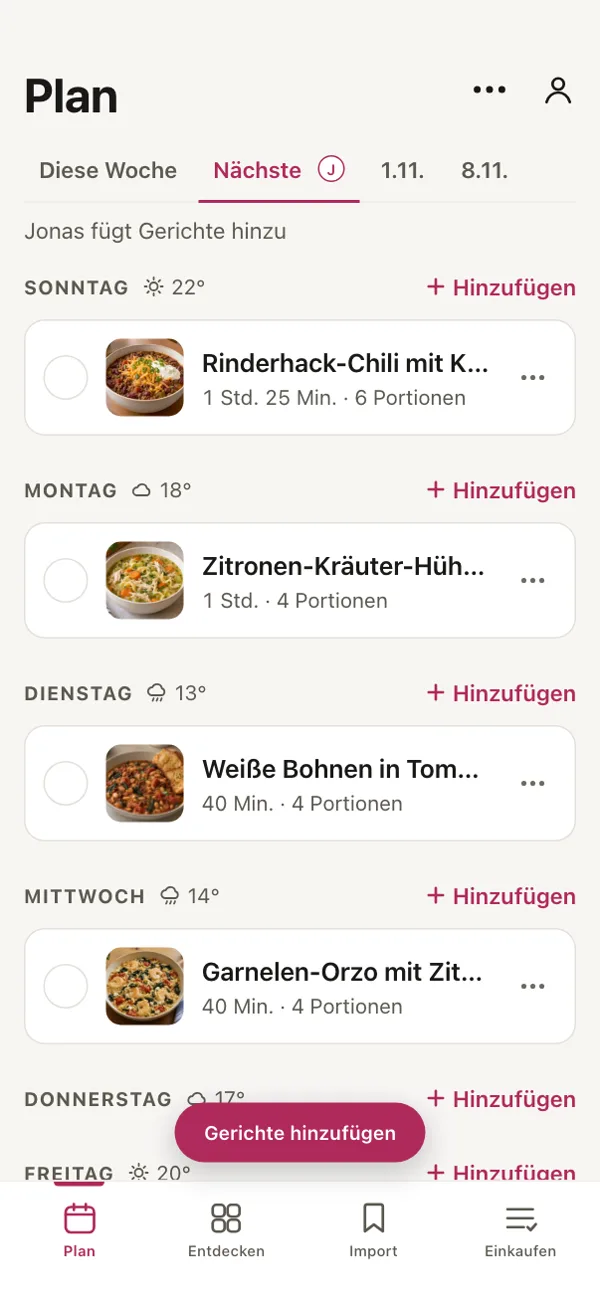 Der Plan für nächste Woche in Good Fork, oben „Jonas fügt Gerichte hinzu“.