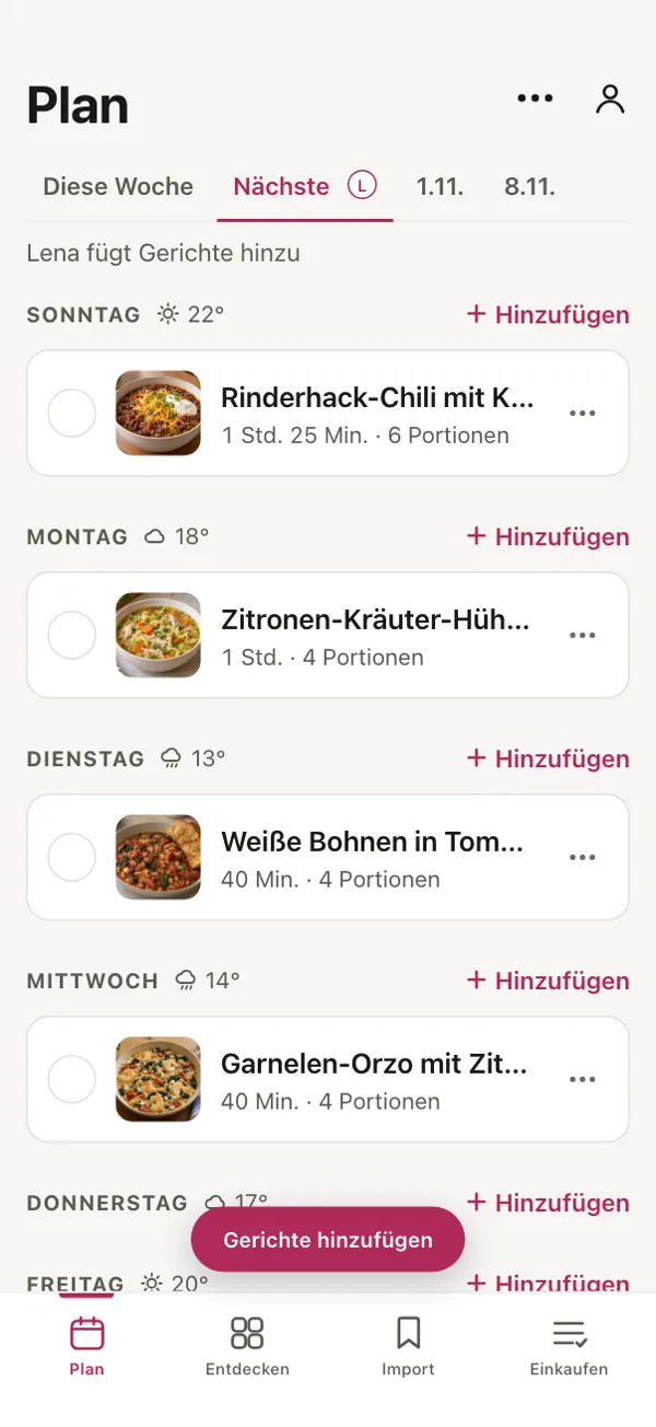 Der Plan für nächste Woche in Good Fork: „Lena fügt Gerichte hinzu“, mit einem Gericht an jedem Tag von Sonntag bis Mittwoch.