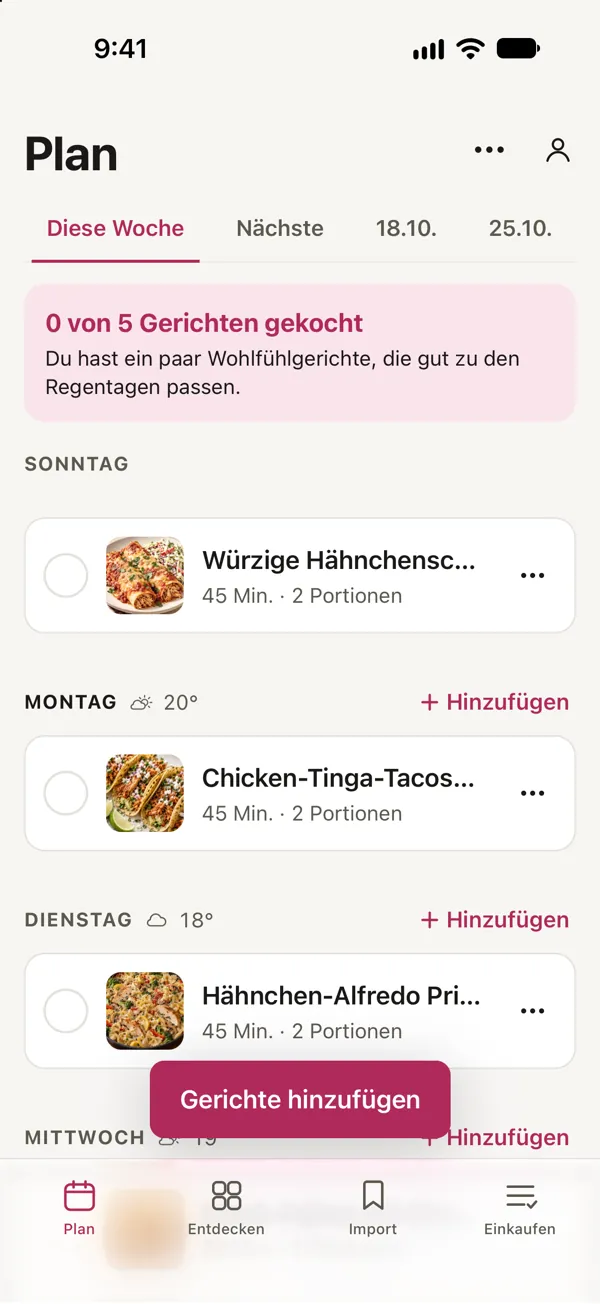 Der Plan für diese Woche in Good Fork: Würzige Hähnchenschenkel-Enchiladas mit Ranch-Krautsalat am Sonntag, Chicken-Tinga-Tacos aus der Pfanne am Montag und Hähnchen-Alfredo Primavera am Dienstag.