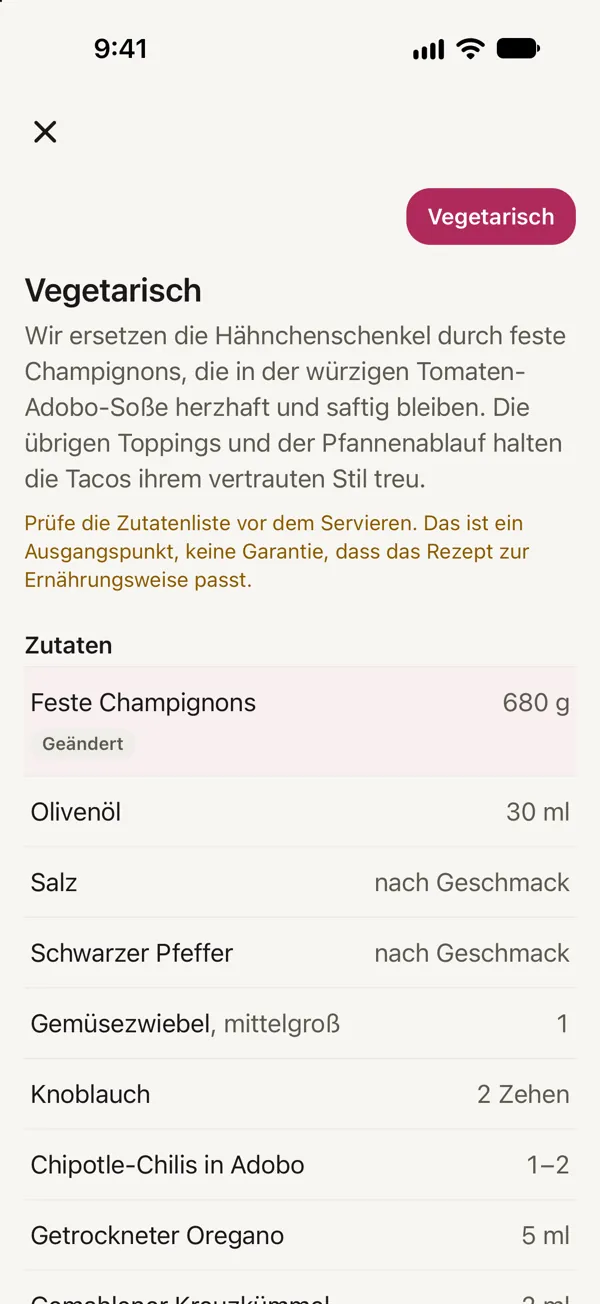 Ein vegetarischer Remix von Chicken-Tinga-Tacos aus der Pfanne: feste Champignons statt Hähnchenschenkeln, markiert als Geändert.