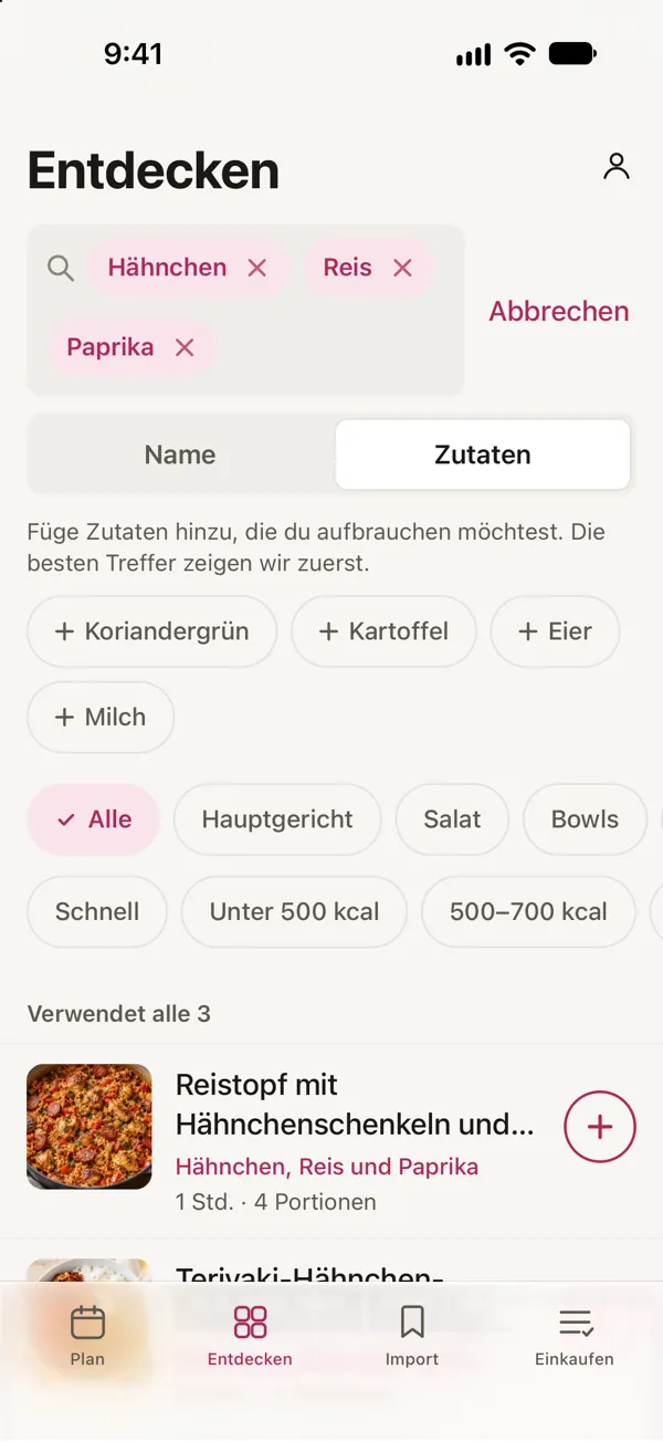 Suche nach Zutaten in Good Fork: Hähnchen, Reis und Paprika. Ganz oben steht Reistopf mit Hähnchenschenkeln und Chorizo, weil das Rezept alle drei verwendet.