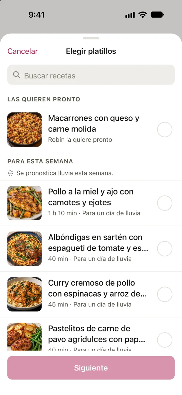 Eligiendo platillos en Good Fork: una receta que Robin quiere pronto, Macarrones con queso y carne molida, aparece arriba, encima de las recetas Para esta semana, pensadas para un día de lluvia.