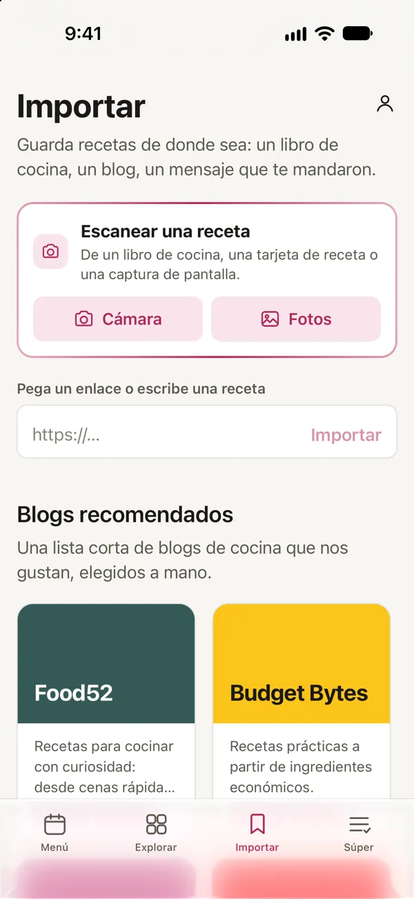 La pantalla Importar de Good Fork: escanea una receta con la cámara o desde tus fotos, o pega un enlace.