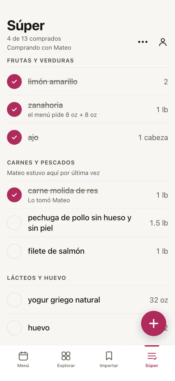 La lista del súper en Good Fork, comprando con Mateo: bajo Carnes y pescados, «Mateo estuvo aquí por última vez».