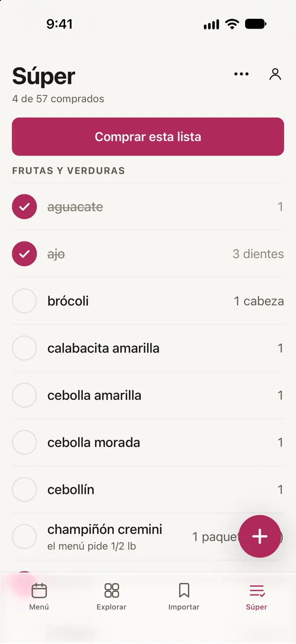 La lista del súper en Good Fork, ordenada por pasillo, con 4 de 57 artículos comprados y Comprar esta lista arriba.