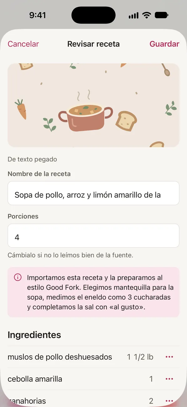 Revisando una receta pegada en Good Fork: Sopa de pollo, arroz y limón amarillo de la abuela, preparada al estilo Good Fork, con mantequilla para la sopa y 3 cucharadas de eneldo.