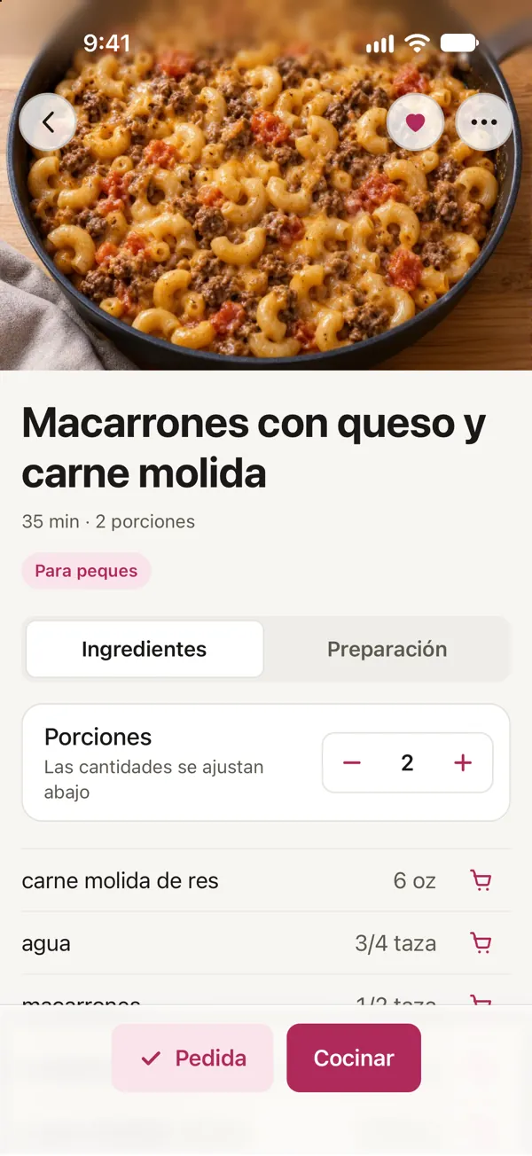 Macarrones con queso y carne molida en Good Fork, en un celular con la función de Peque: el corazón está relleno, y Pedida aparece junto a Cocinar.