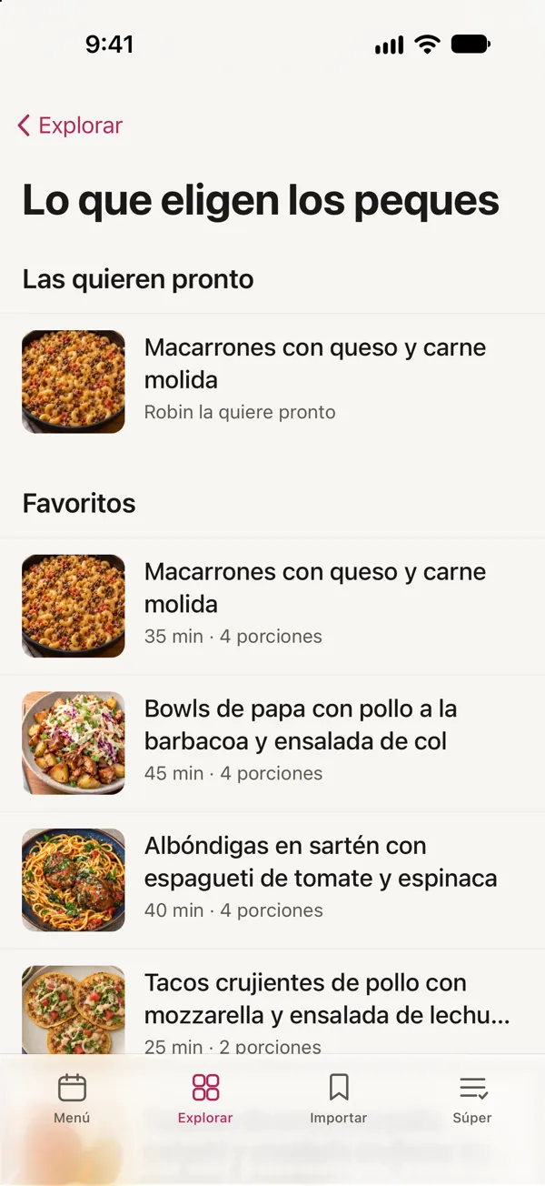Lo que eligen los peques, en Good Fork: Robin quiere pronto Macarrones con queso y carne molida, encima de los Favoritos.