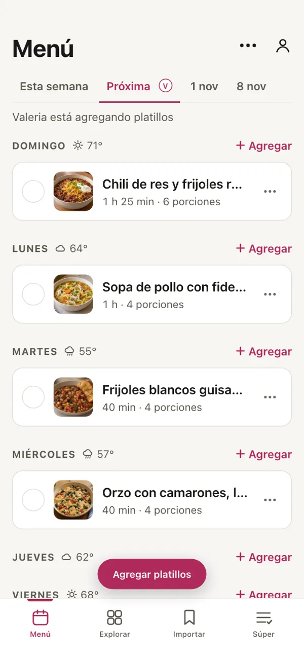 El menú de la próxima semana en Good Fork: «Valeria está agregando platillos», con un platillo cada día de domingo a miércoles.
