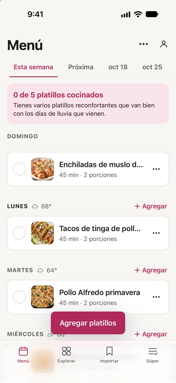 El menú de esta semana en Good Fork: Enchiladas de muslo de pollo sazonado con ensalada de col ranch el domingo, Tacos de tinga de pollo en sartén el lunes y Pollo Alfredo primavera el martes.