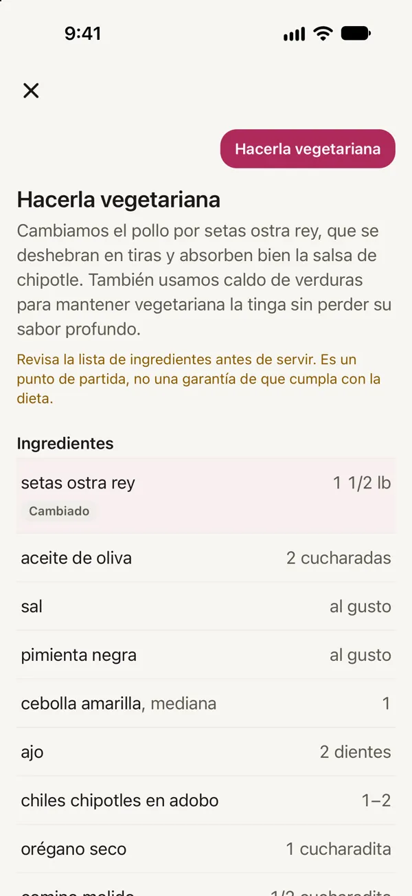 Un Remix vegetariano de Tacos de tinga de pollo en sartén: setas ostra rey en lugar del pollo, marcadas como Cambiado.