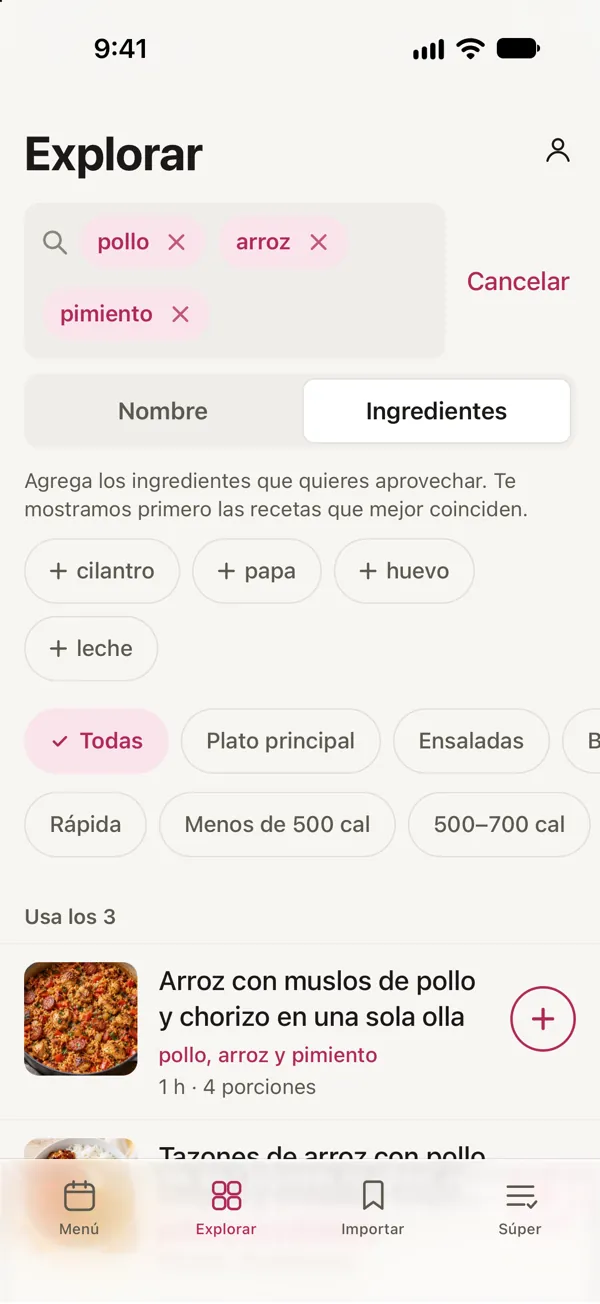 Buscando por ingredientes en Good Fork: pollo, arroz y pimiento. Arroz con muslos de pollo y chorizo en una sola olla sale primero porque usa los tres.