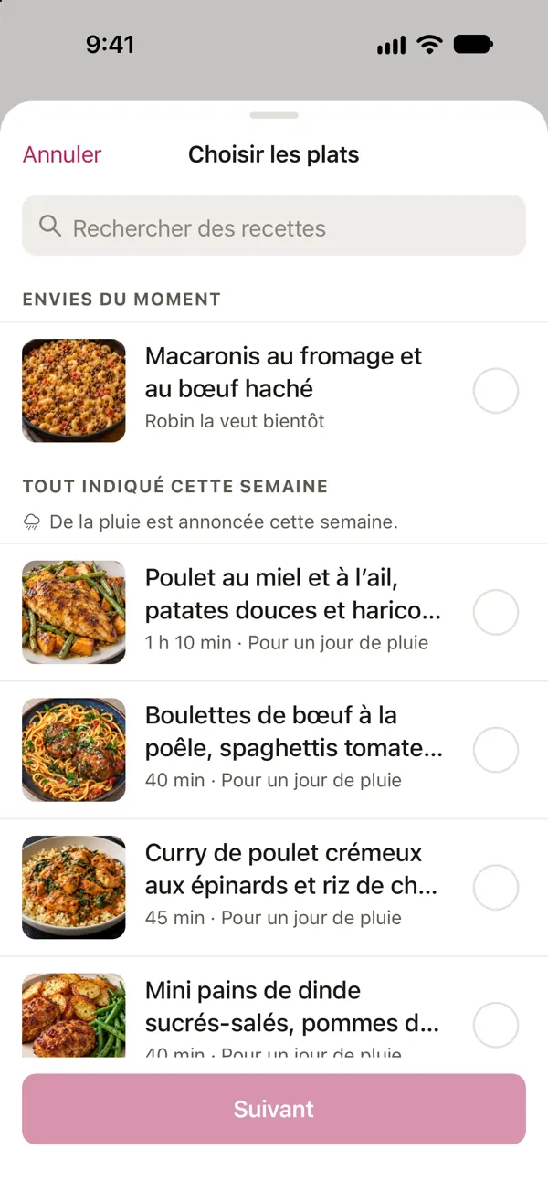 Choisir des plats dans Good Fork : en haut, les Macaronis au fromage et au bœuf haché que Robin veut bientôt, au-dessus de Tout indiqué cette semaine, avec des plats pour un jour de pluie.