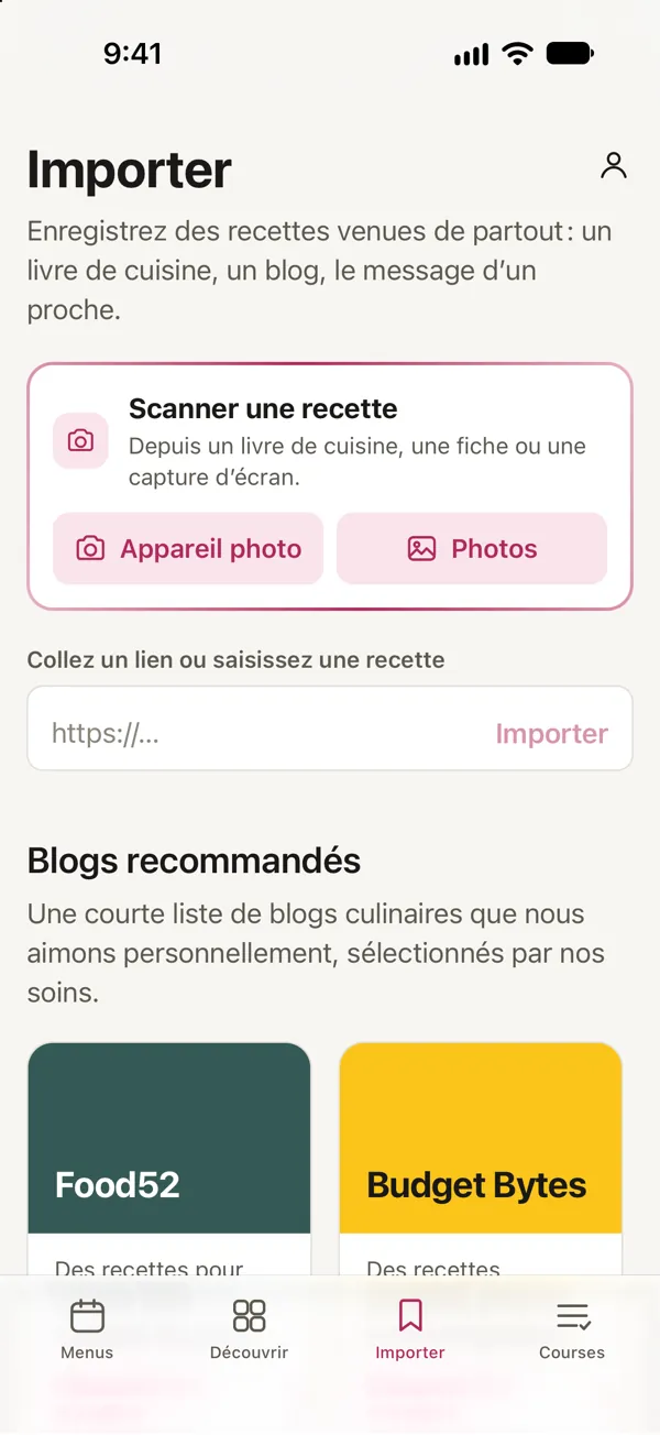 L’écran Importer de Good Fork : scannez une recette avec l’appareil photo ou depuis vos photos, ou collez un lien.