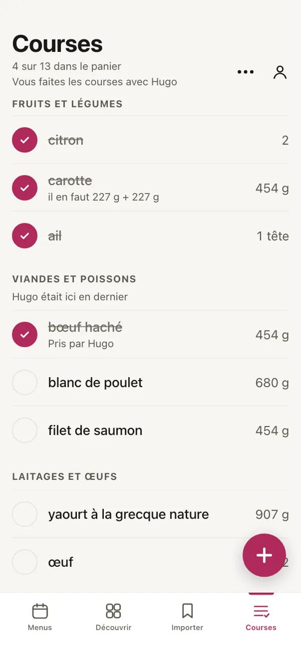La liste de courses dans Good Fork, en courses avec Hugo : sous Viandes et poissons, « Hugo était ici en dernier ».