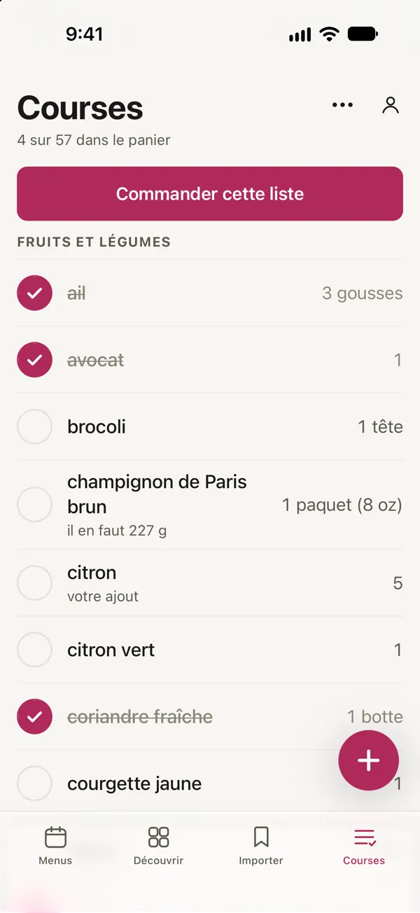 La liste de courses dans Good Fork, triée par rayon, avec 4 articles sur 57 dans le panier.