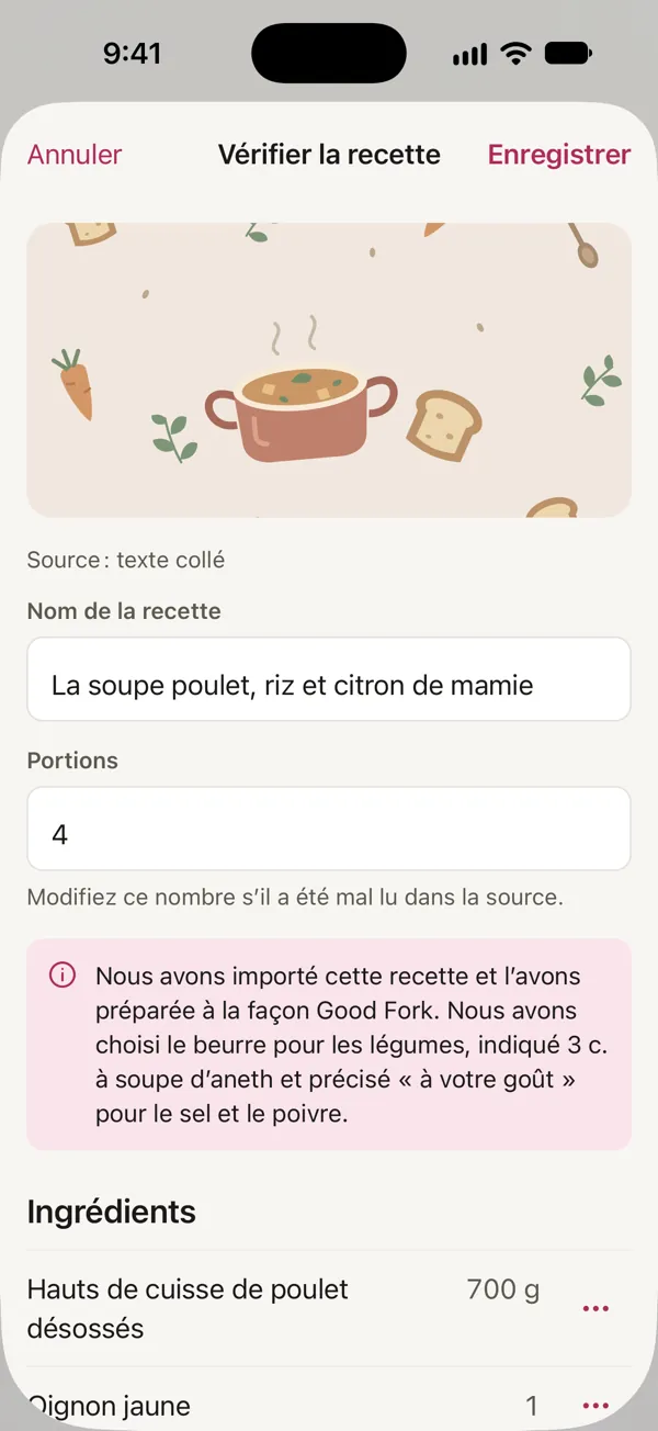La relecture d’une recette collée dans Good Fork : La soupe poulet, riz et citron de mamie, préparée à la façon Good Fork, avec le beurre choisi pour les légumes et 3 c. à soupe d’aneth.