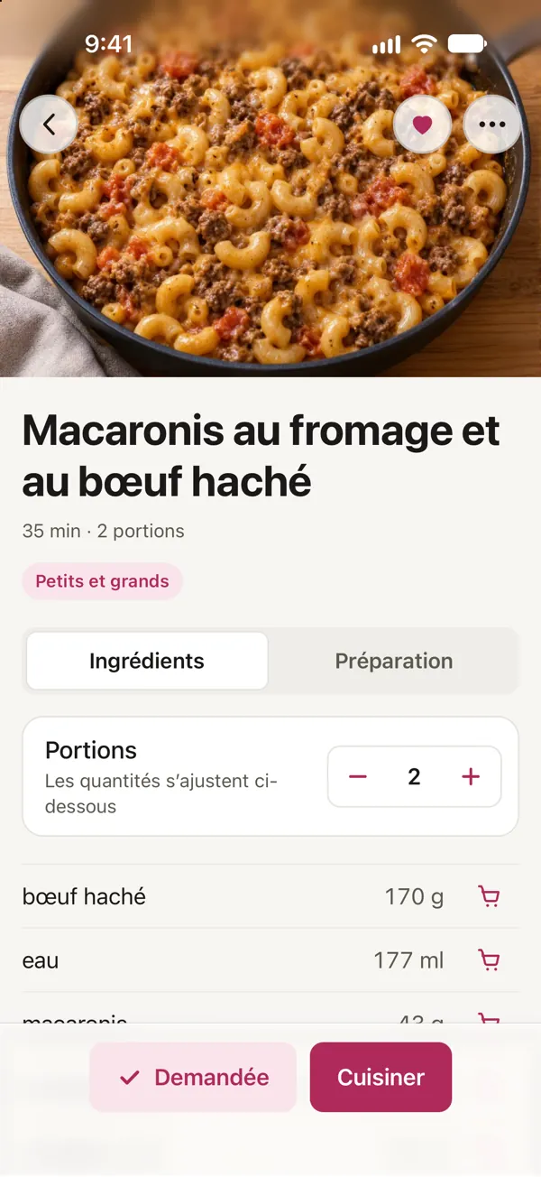 Macaronis au fromage et au bœuf haché dans Good Fork, sur un téléphone avec le rôle Kid : le cœur est plein, et Demandée s’affiche à côté de Cuisiner.