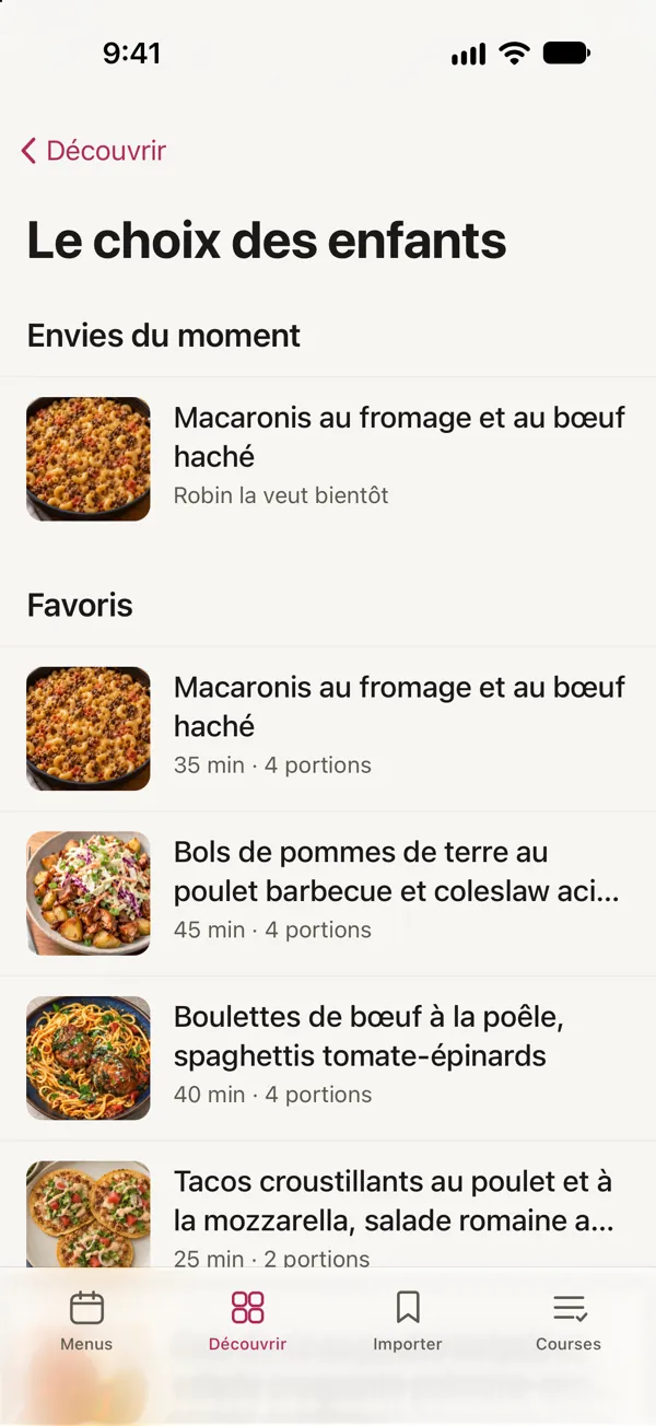 Le choix des enfants dans Good Fork : Robin veut bientôt les Macaronis au fromage et au bœuf haché, au-dessus des favoris.