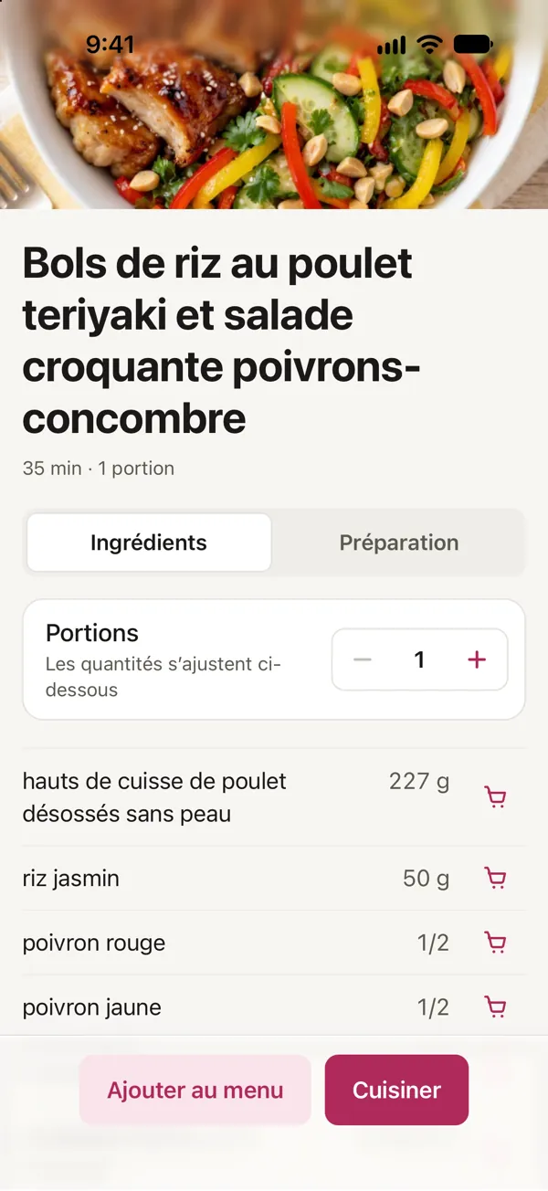 Bols de riz au poulet teriyaki et salade croquante poivrons-concombre pour 1 portion dans Good Fork, toutes les quantités recalculées : 227 g de hauts de cuisse de poulet et 50 g de riz jasmin.