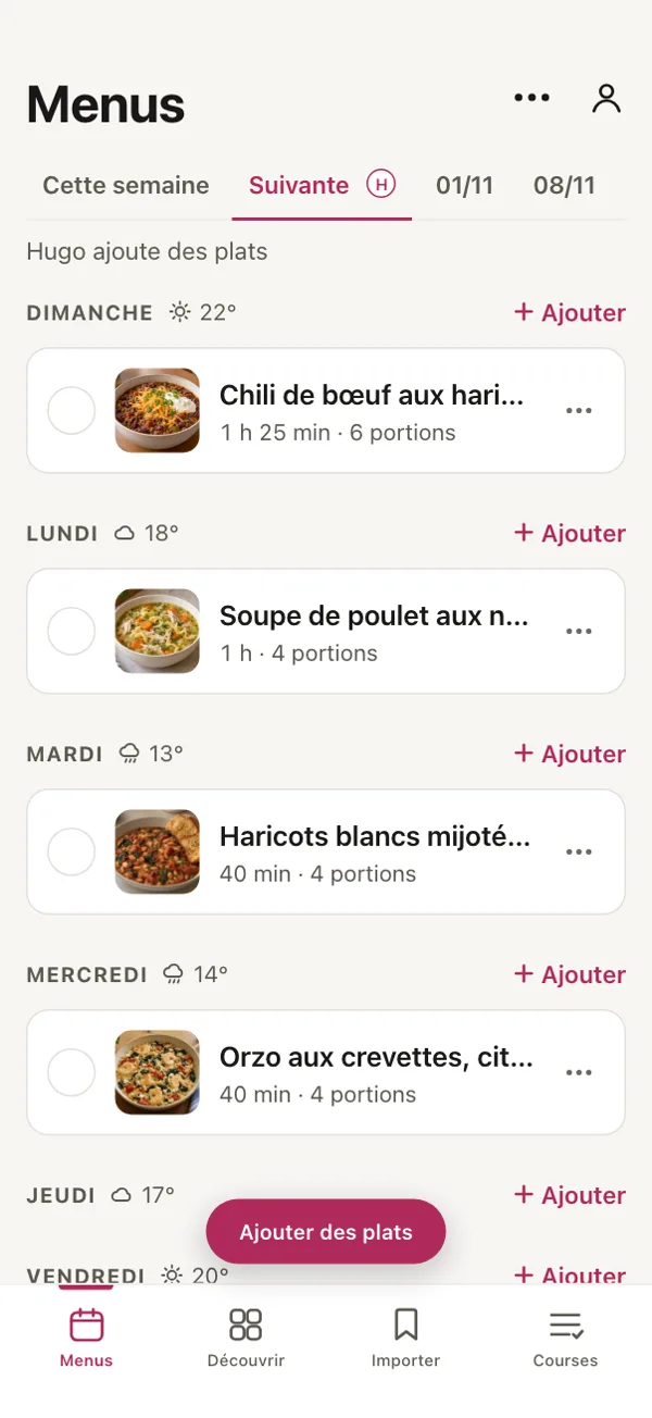 Les menus de la semaine prochaine dans Good Fork, avec « Hugo ajoute des plats » en haut.