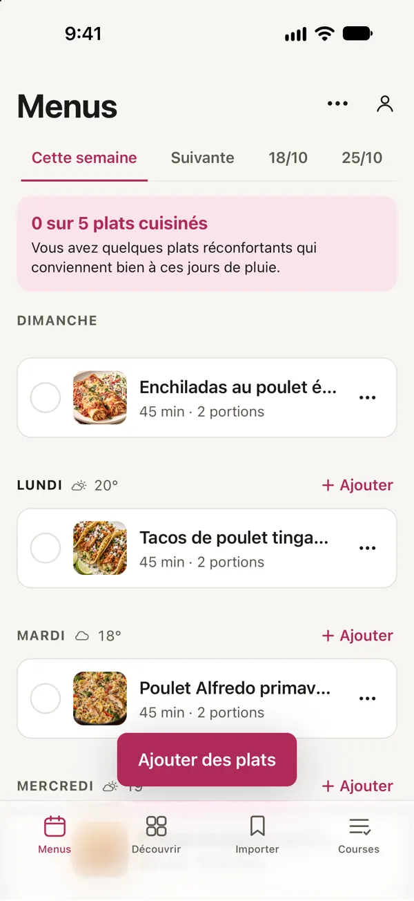 Les menus de cette semaine dans Good Fork : Enchiladas au poulet épicé et salade de chou sauce ranch pour dimanche, Tacos de poulet tinga à la poêle pour lundi et Poulet Alfredo primavera pour mardi.