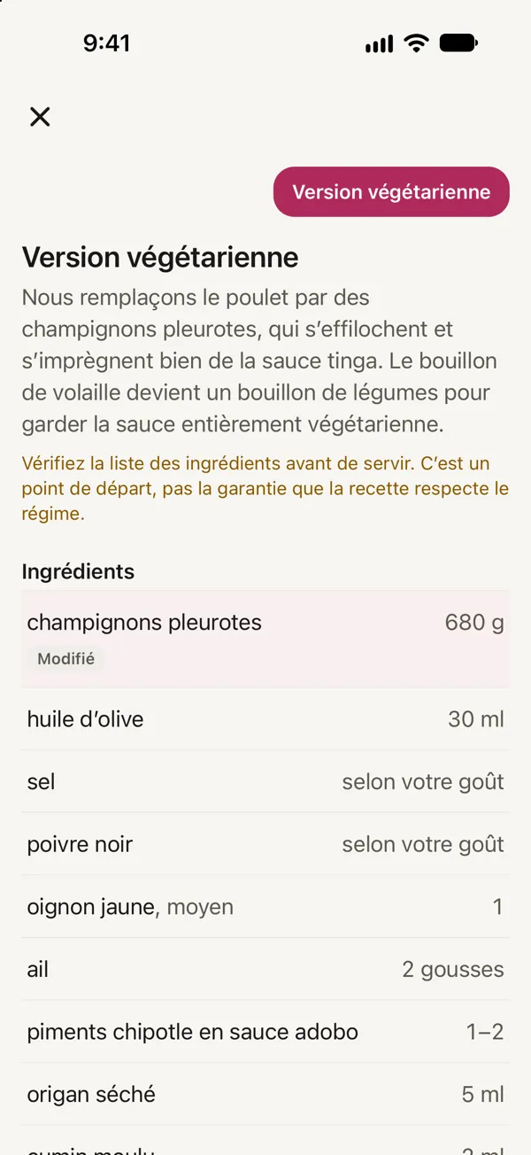 Un Remix végétarien des Tacos de poulet tinga à la poêle : des champignons pleurotes à la place du poulet, marqués Modifié.