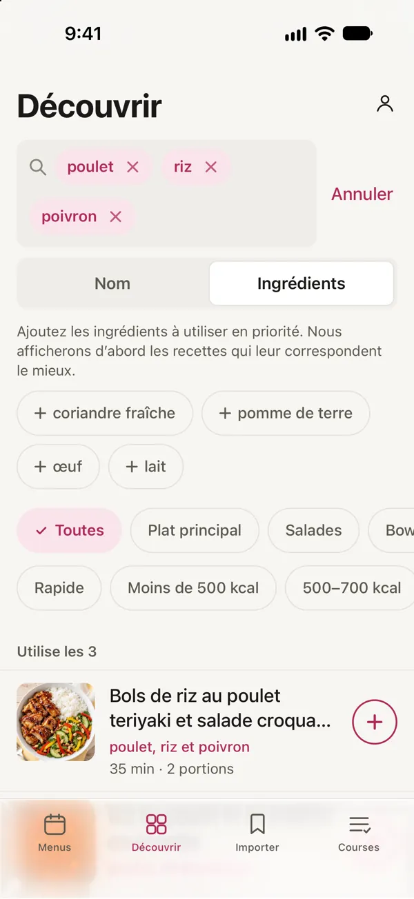 Une recherche par ingrédients dans Good Fork : poulet, riz et poivron, avec les Bols de riz au poulet teriyaki et salade croquante poivrons-concombre en premier, car la recette utilise les trois.