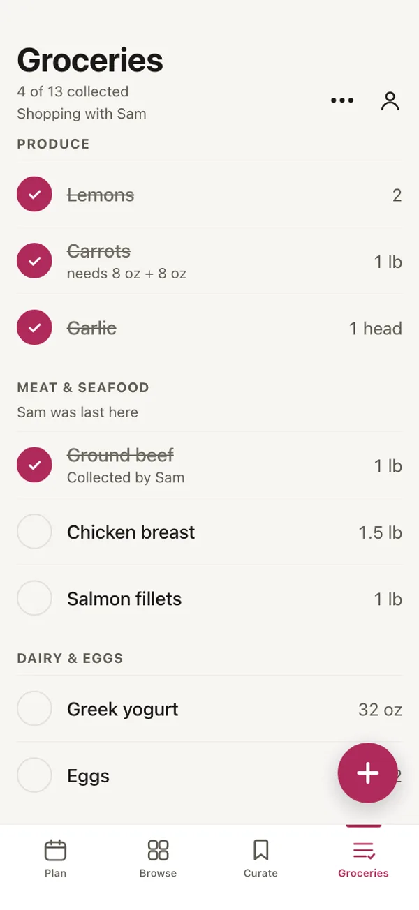 The grocery list in Good Fork, shopping with Sam: under Meat & seafood, Sam was last here.