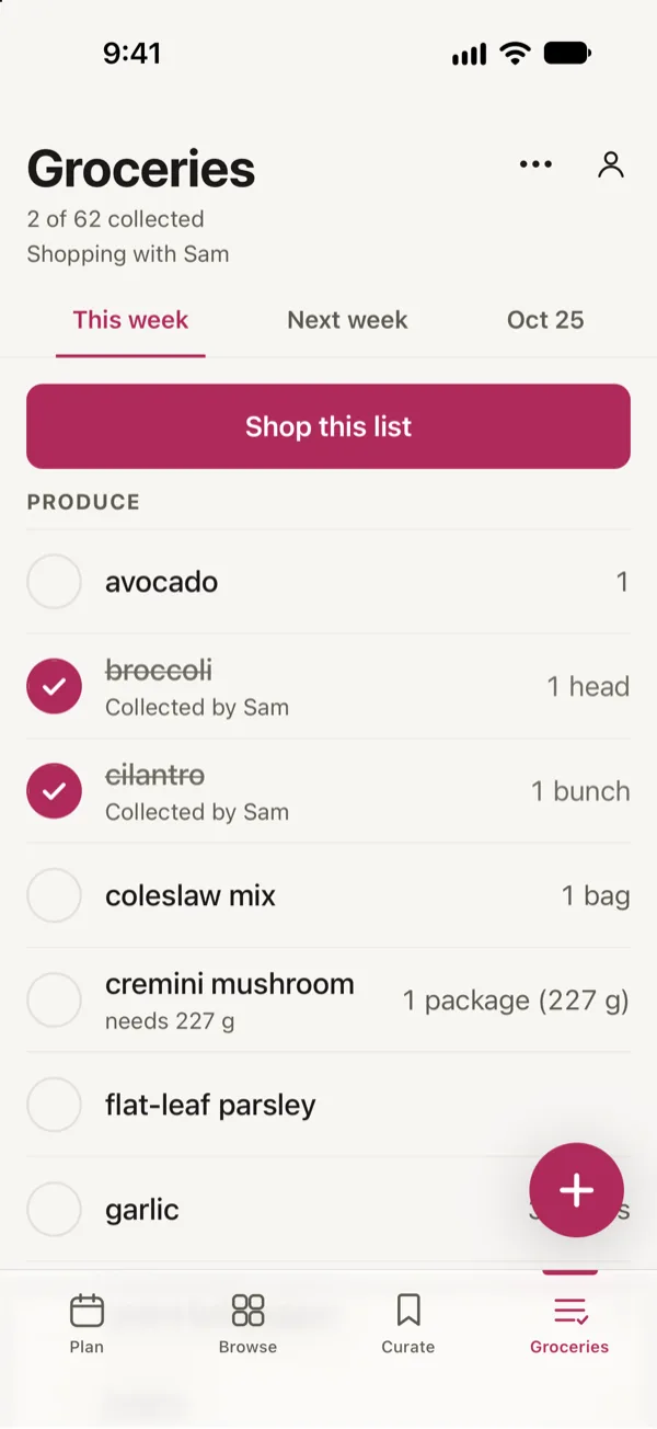 The grocery list in Good Fork, shopping with Sam: broccoli and cilantro are checked off, each Collected by Sam.