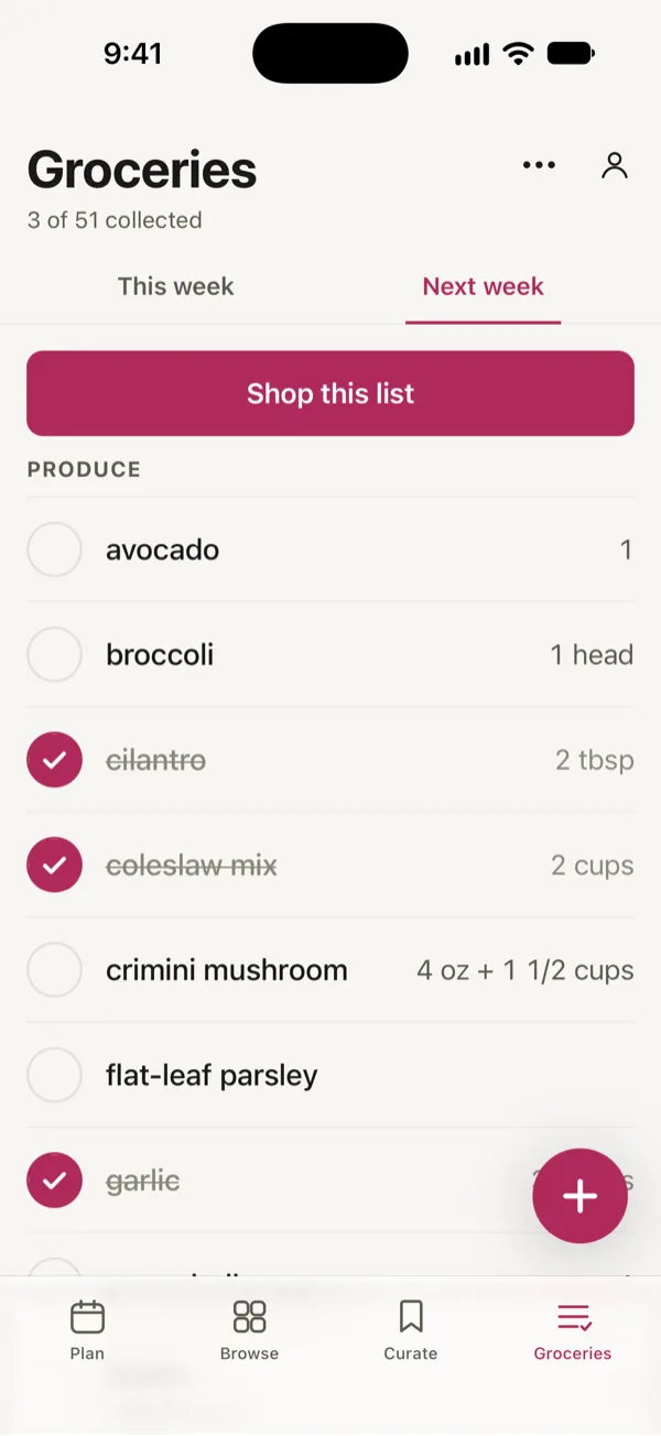 Good Fork’s grocery list for next week, sorted by aisle, with three items checked off and Shop this list at the top.