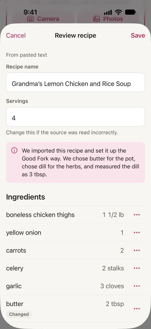 Reviewing a typed-in recipe in Good Fork: Grandma’s Lemon Chicken and Rice Soup, set up the Good Fork way, with butter chosen for the pot and dill for the herbs.