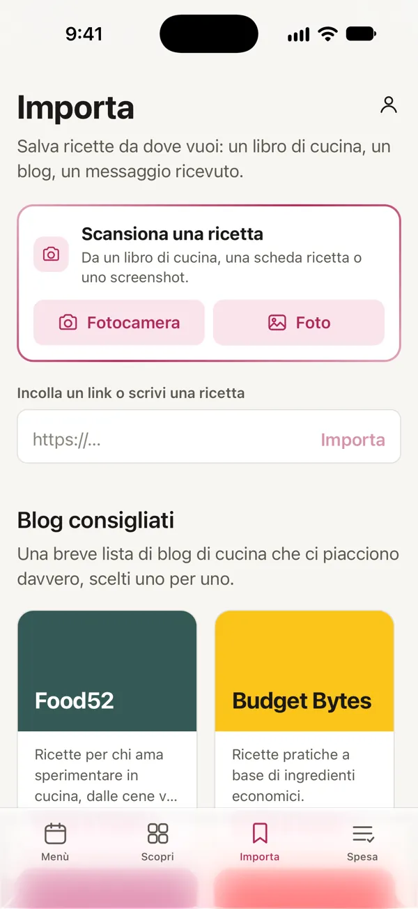 La schermata Importa di Good Fork: scansiona una ricetta con la fotocamera o dalle foto, oppure incolla un link.