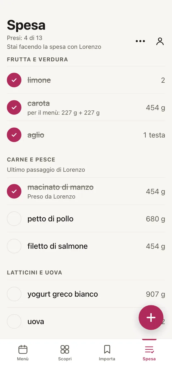 La lista della spesa in Good Fork, a fare la spesa con Lorenzo: sotto Carne e pesce, «Ultimo passaggio di Lorenzo».