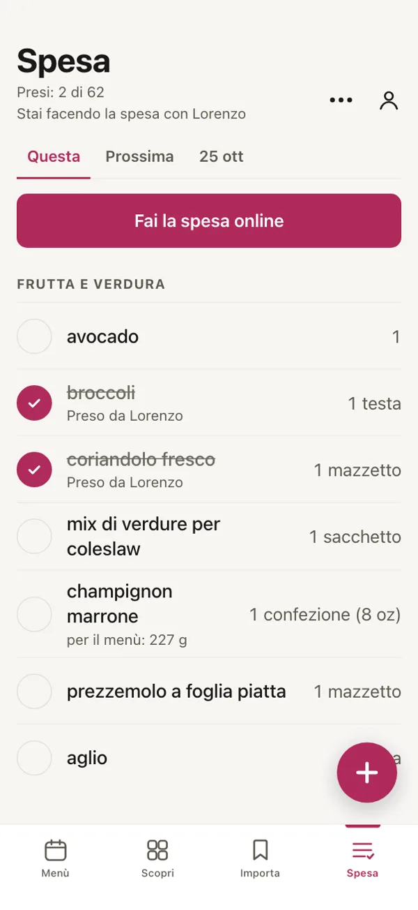 La lista della spesa in Good Fork, a fare la spesa con Lorenzo: broccoli e coriandolo sono spuntati, entrambi «Preso da Lorenzo».