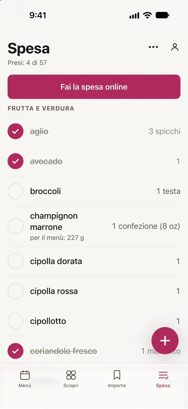 La lista della spesa in Good Fork, ordinata per reparto, con 4 articoli su 57 già presi.