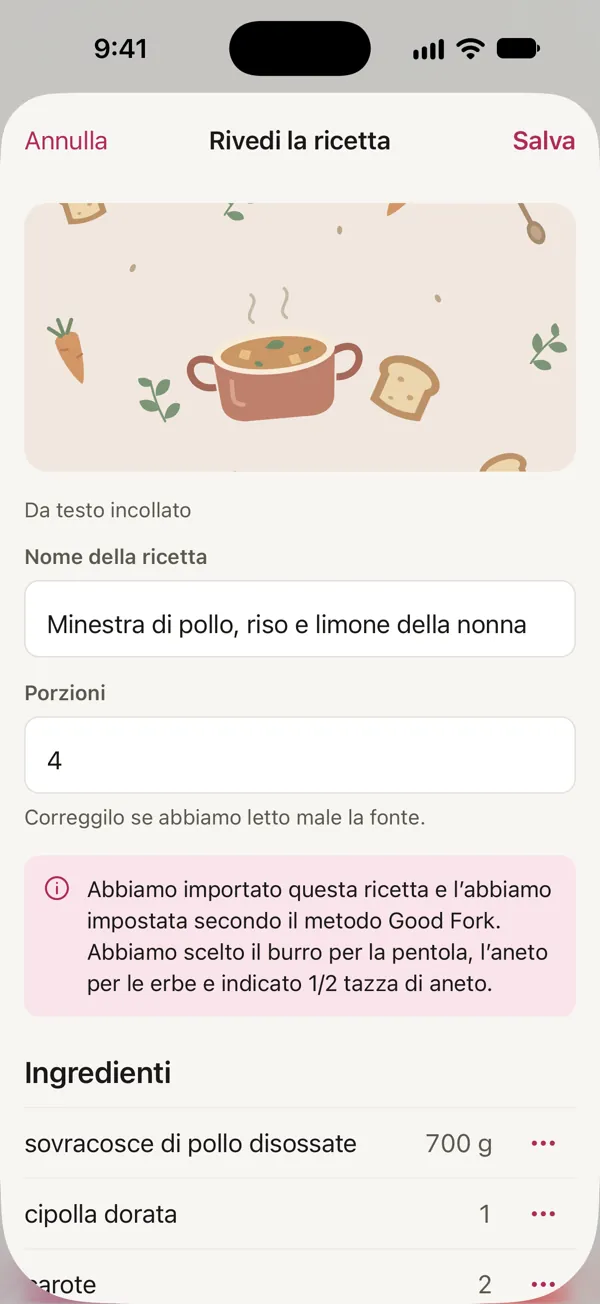 La revisione di una ricetta incollata in Good Fork: Minestra di pollo, riso e limone della nonna, impostata nello stile di Good Fork, con il burro per la pentola e l’aneto come erba aromatica.