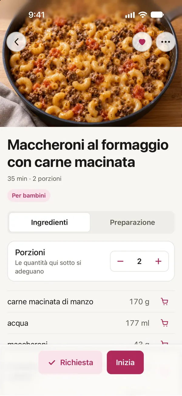 Maccheroni al formaggio con carne macinata in Good Fork, su un telefono con il ruolo di Kid: il cuore è pieno, e Richiesta compare accanto a Inizia.