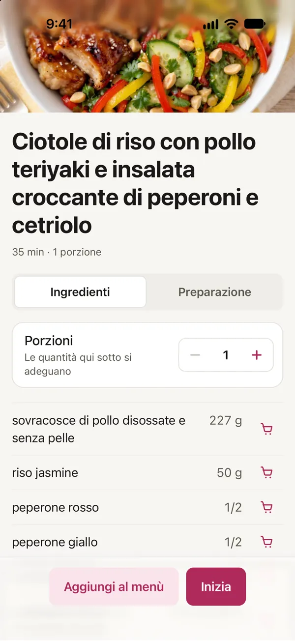 Ciotole di riso con pollo teriyaki e insalata croccante di peperoni e cetriolo per 1 porzione in Good Fork, con ogni quantità ricalcolata: 227 g di sovracosce di pollo e 50 g di riso jasmine.
